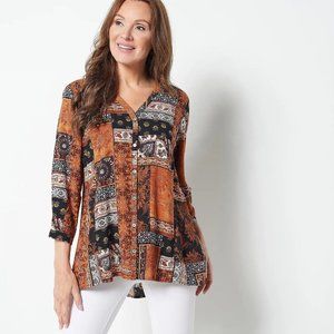 Susan Graver Printed Woven Button-Front Hi-Low Hem Shirt - Spice a399624
